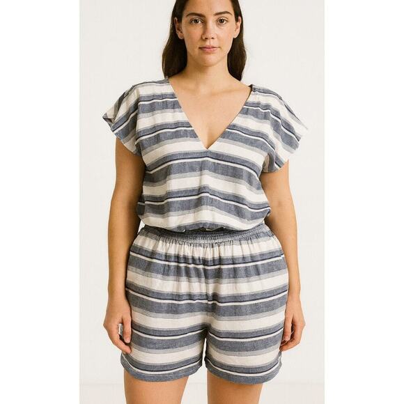 Madewell Blue/White Striped Yucatán Romper V-neck elastic waist jumper NEW SZ XS - Picture 1 of 10